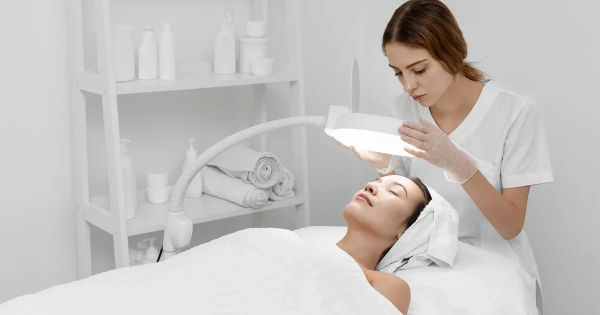 woman inspecting patient's skin with a lamp