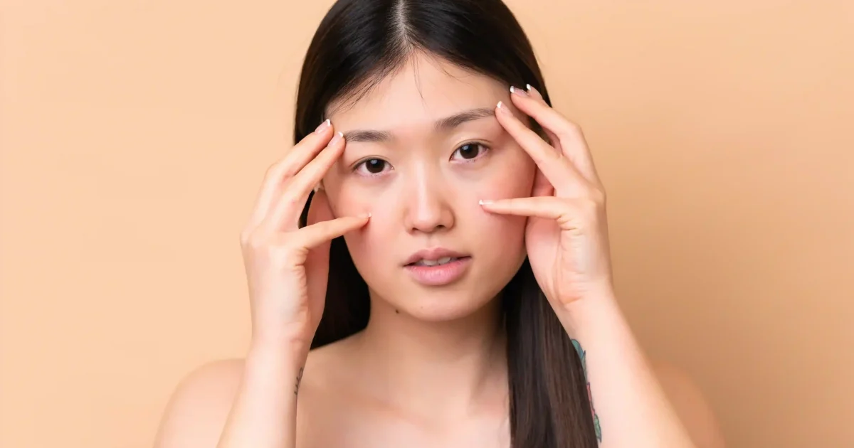 woman with eye bags with hands on her face